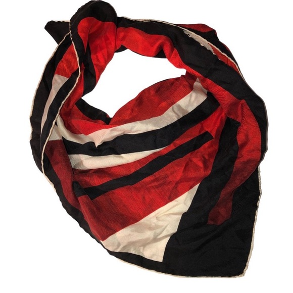 Vintage 100% silk hand rolled sewn red black graphic print scarf 80s 27x25" - Picture 2 of 3